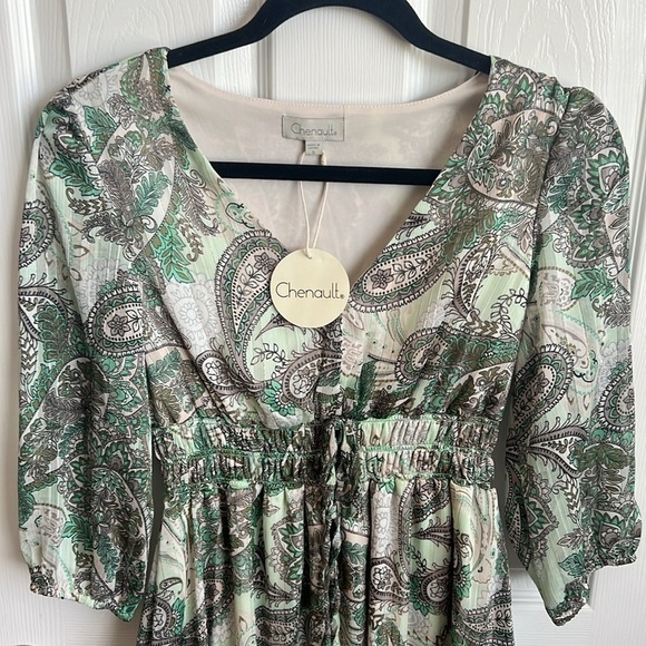 NWT Chenault Paisley Dress Green Midi 3/4 Sleeve Drawstring Waist Size S - Picture 2 of 10